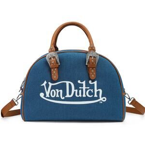 Von Dutch Denim Blue Brown Bowling Bag Large Studded Handle Duffel 16" x 12"